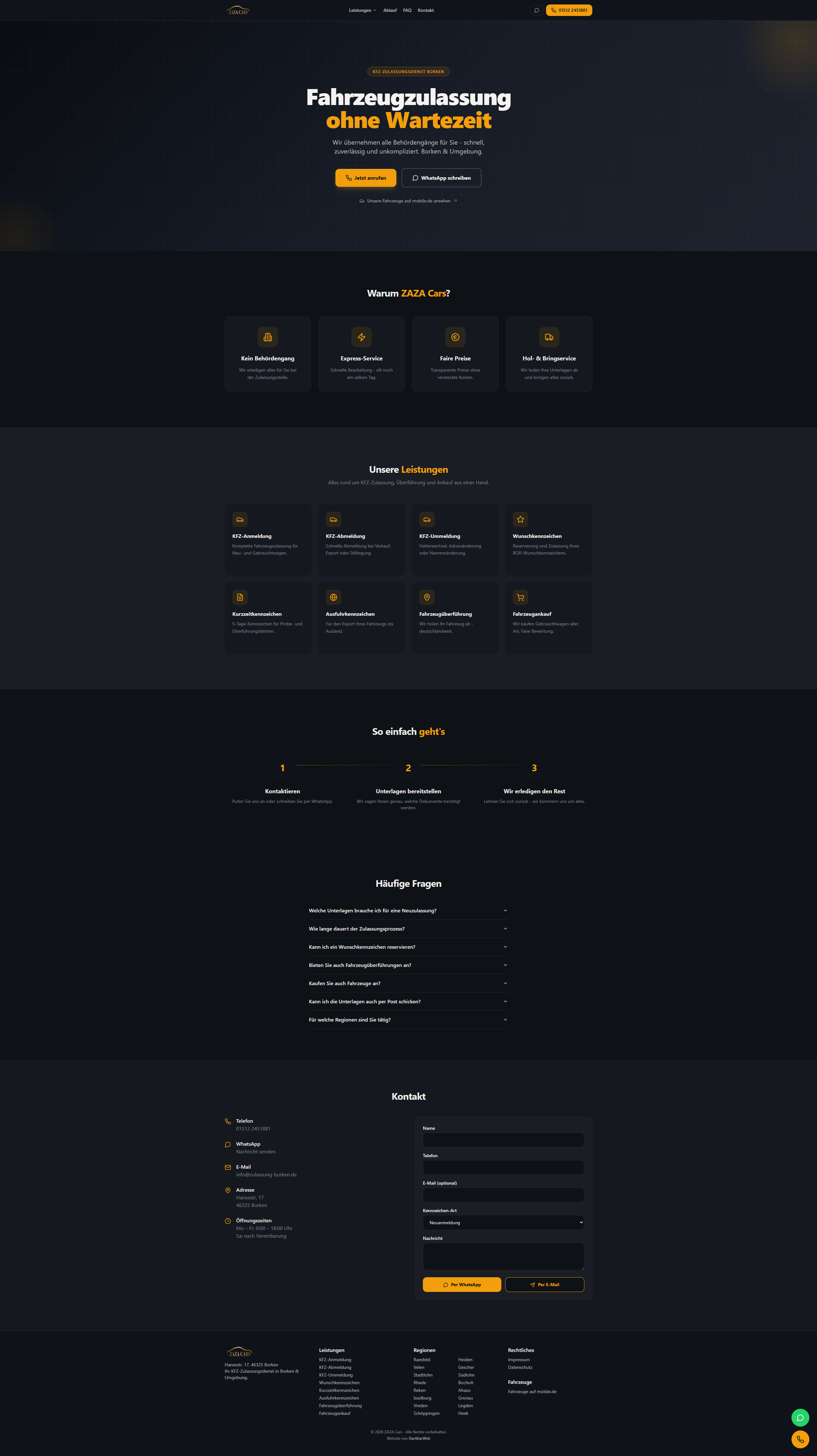 Website von ZAZA Cars - Zulassungsdienst